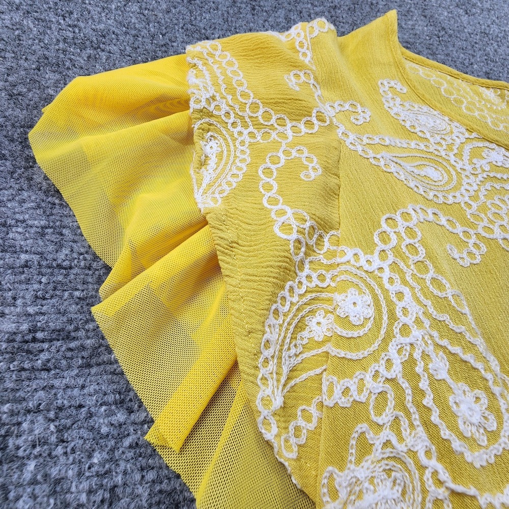 Forgotten Grace 1X Yellow Paisley Embroidered Ruffle Mesh Flowy Boho Top Shirt - Picture 7 of 11
